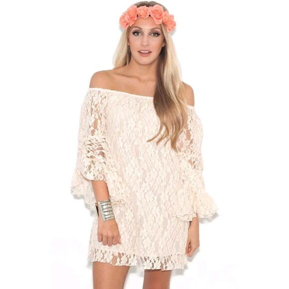 Elan Dresses & Skirts - Elan‎ Womens Large Dress Tunic Lace Romantic Mini Off Shoulder Ivory